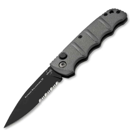 Partially serrated folding knife with gray handle