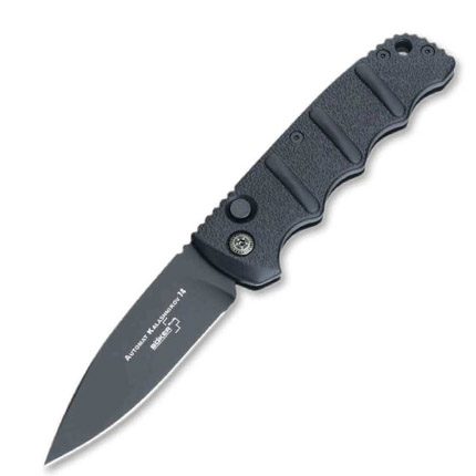 Black folding pocket knife with textured handle