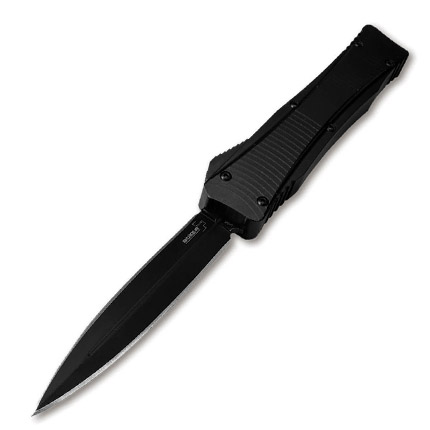 Black tactical folding knife on white background