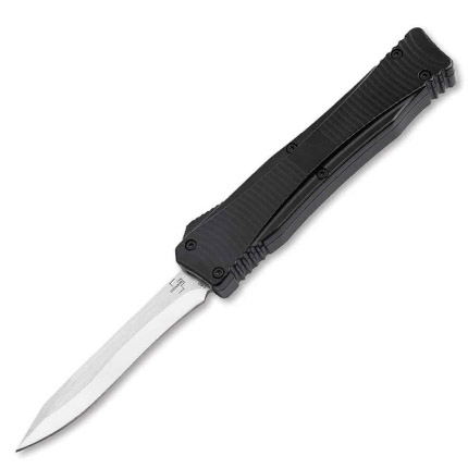Black folding pocket knife with silver blade
