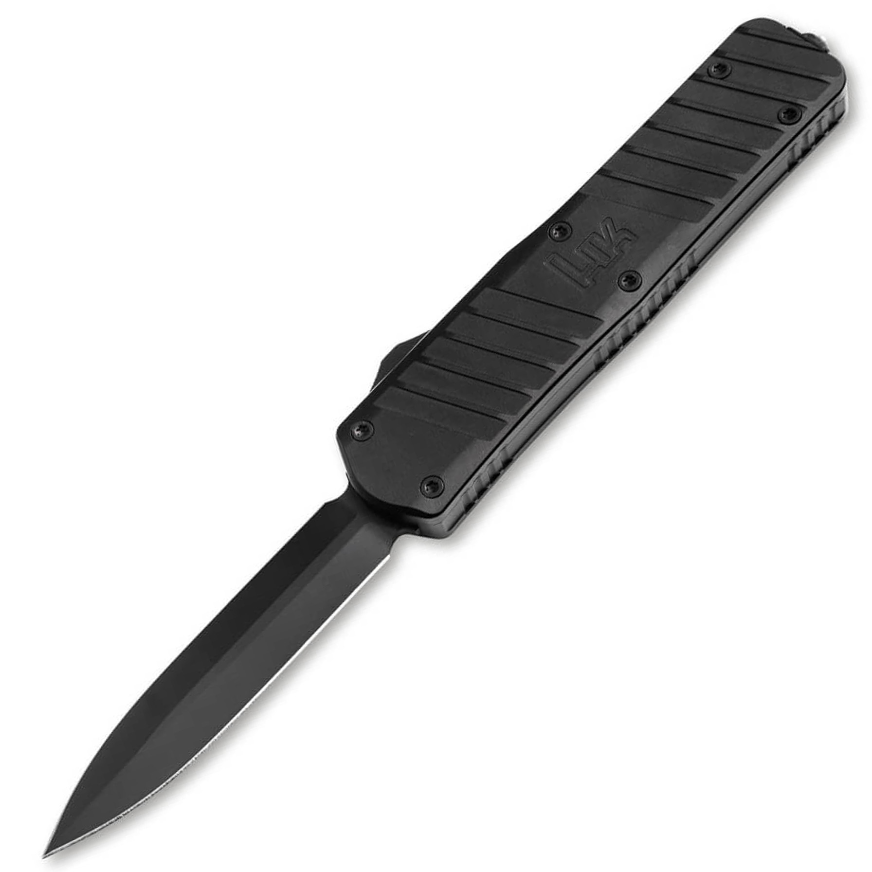 Black tactical automatic knife on white background