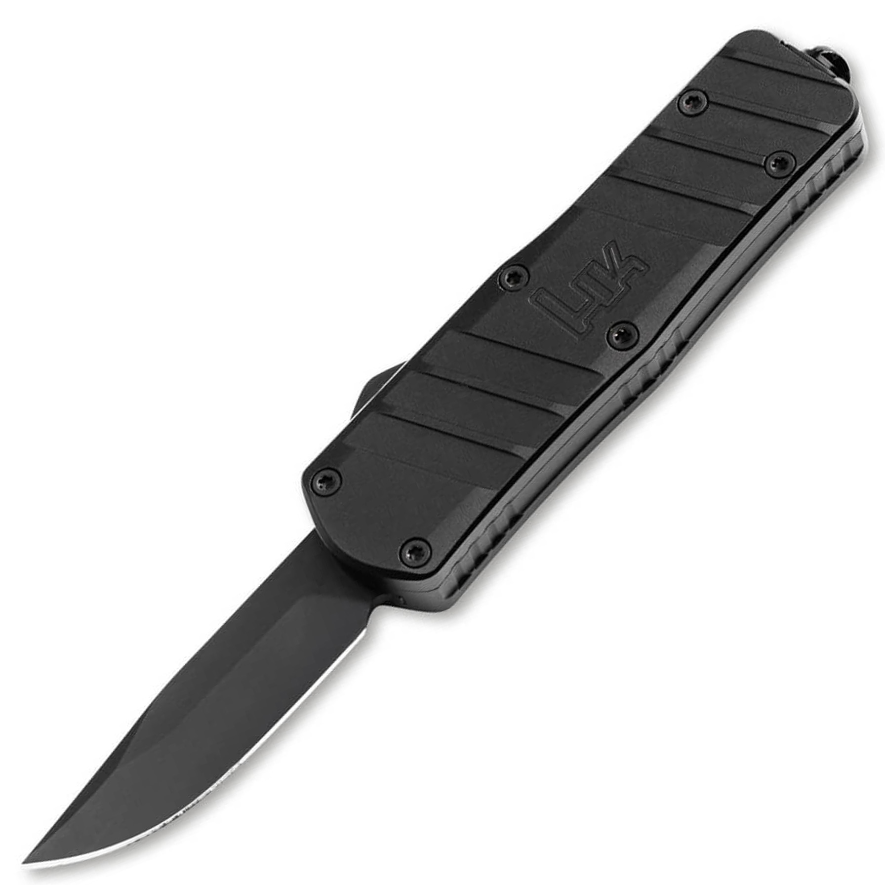 Black tactical folding knife with extended blade
