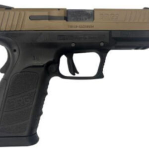 Black and tan semi-automatic handgun on white background