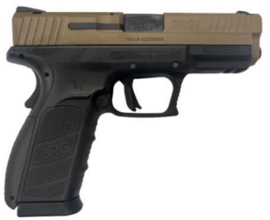 Black and tan semi-automatic handgun on white background