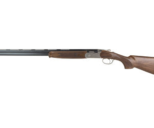 Side view of a shotgun with wooden stock