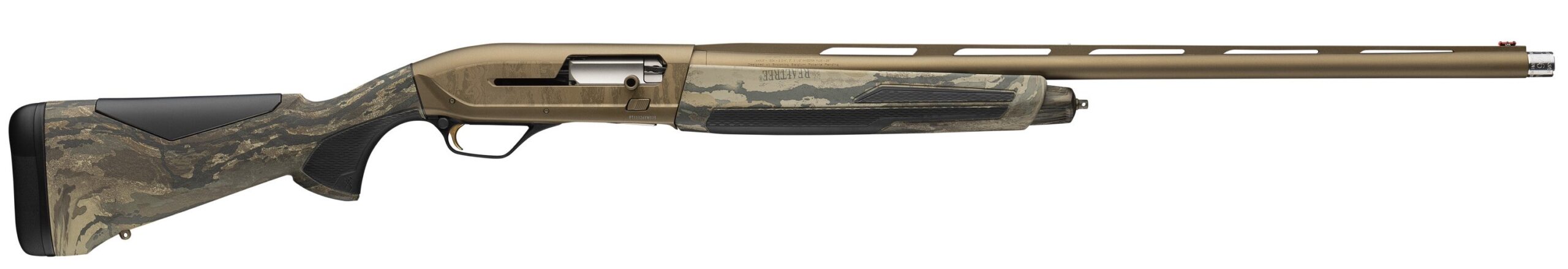 Camouflage semi-automatic shotgun with bronze finish