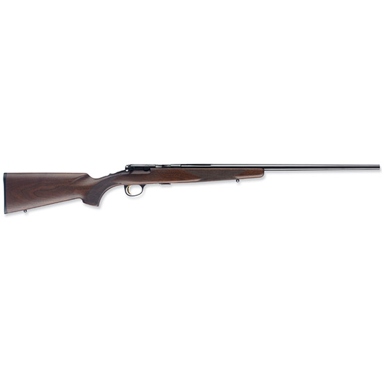 Bolt-action rifle with wooden stock on white background