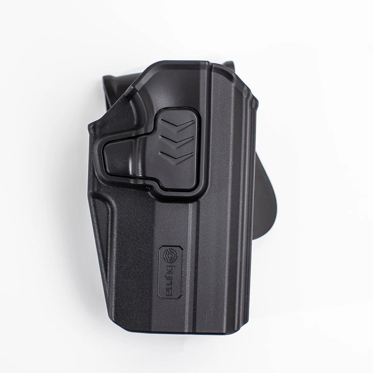 Black molded handgun holster with release button