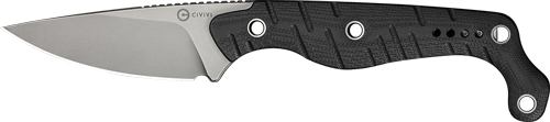 Black-handled fixed blade knife on white background