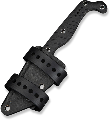 Black fixed-blade knife with sheath and straps