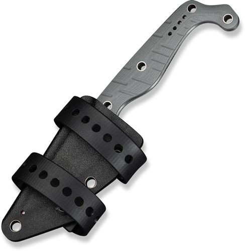 Fixed-blade knife with black sheath and gray handle