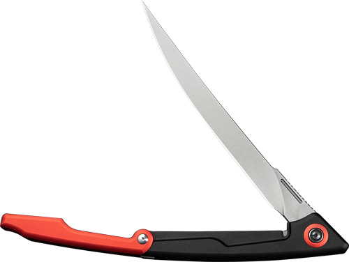 Red and black folding knife with long blade