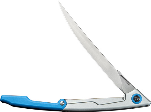 Open folding knife with blue handle