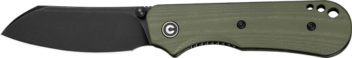 Black folding knife with green handle