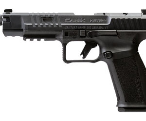 Black semi-automatic handgun on white background