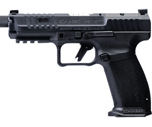 Black semi-automatic handgun on white background