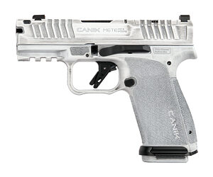 Silver handgun on a white background