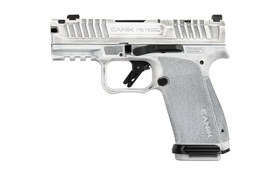 Silver handgun on a white background