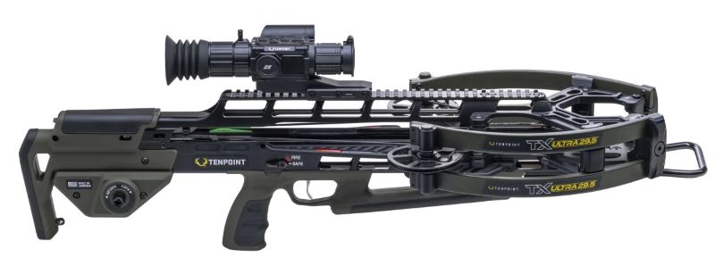 Modern crossbow with mounted scope on white background