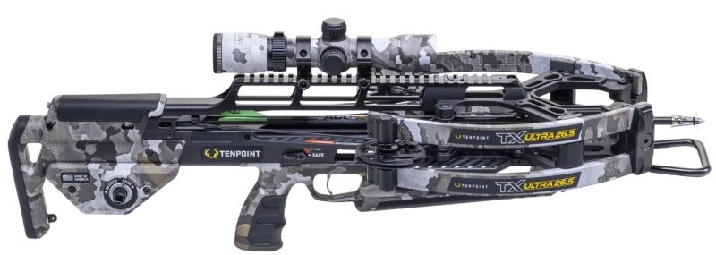 Camouflaged TenPoint TX Ultra 26 crossbow with scope