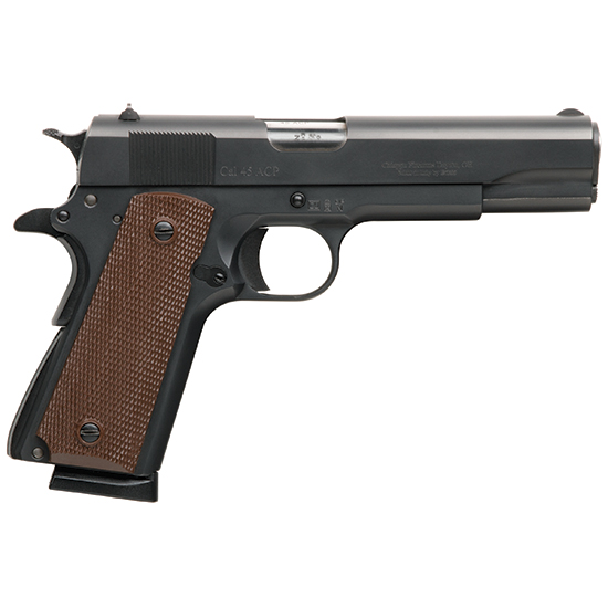 Black semi-automatic pistol with brown grip