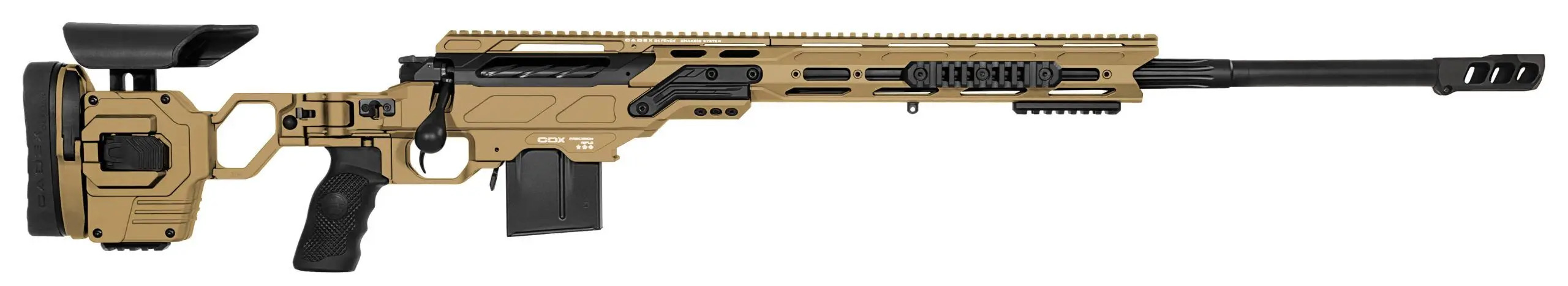 Tan precision bolt-action sniper rifle on white background