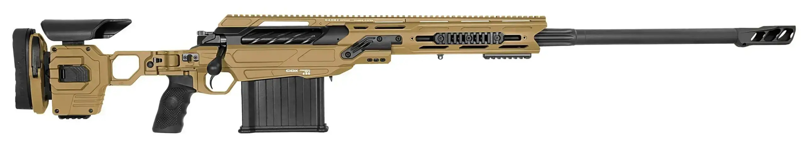 Tan bolt-action rifle with long barrel and scope rail