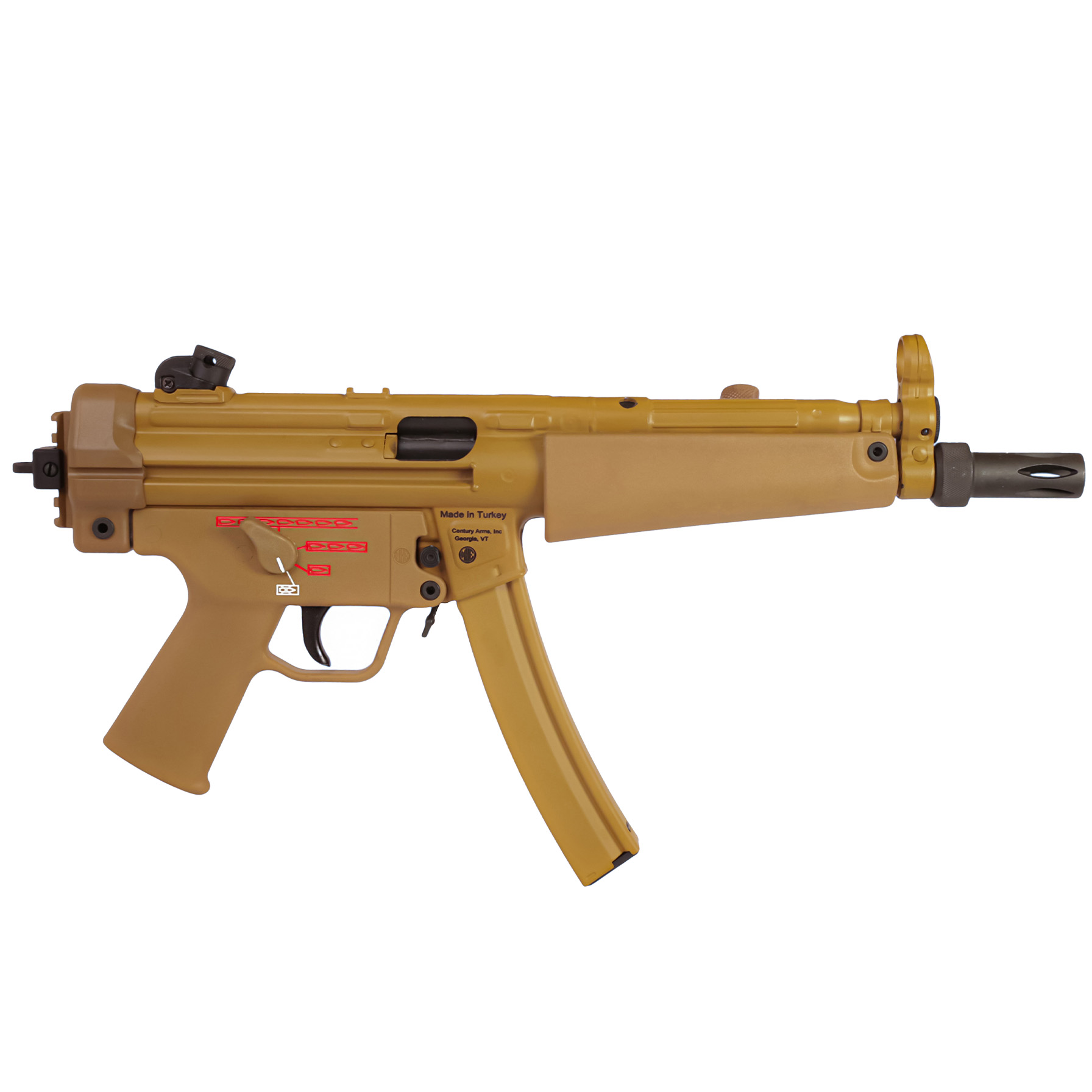 Tan submachine gun on a white background