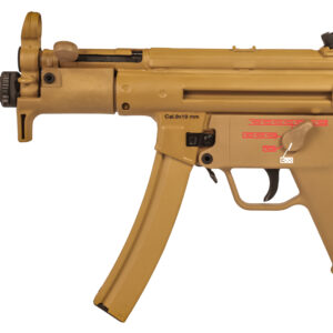 Tan MP5-style 9mm submachine gun side view