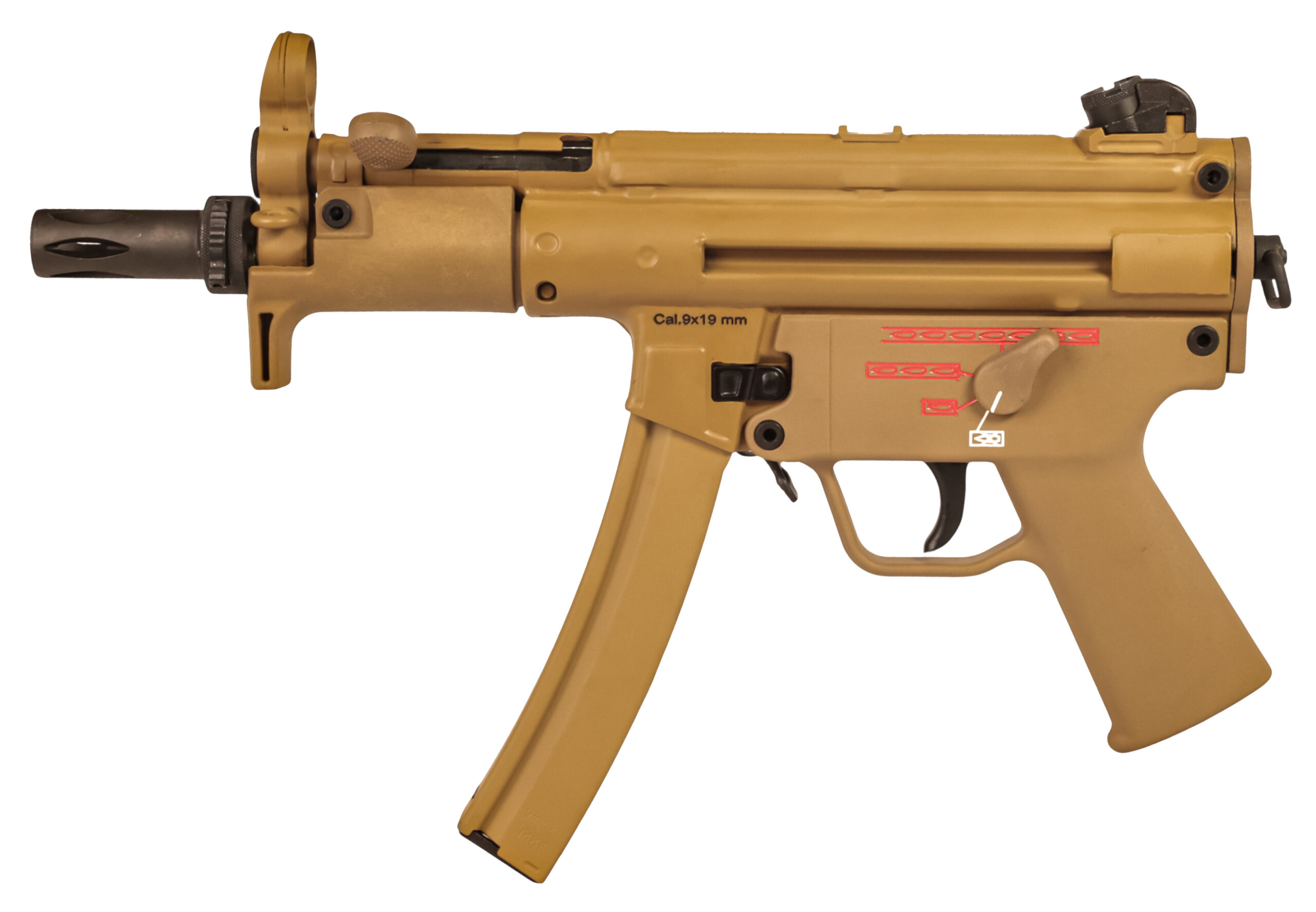 Tan MP5-style 9mm submachine gun side view