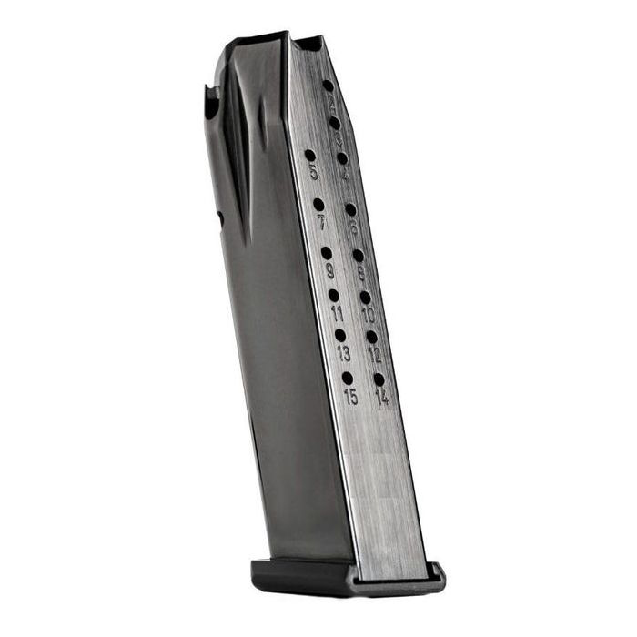 Metal handgun magazine with numbered witness holes