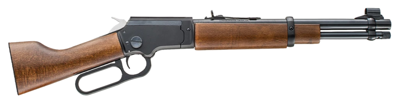 Side view of a lever-action rifle with wood accents.