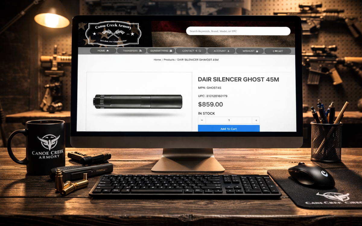 Online firearm suppressor listing on desktop computer