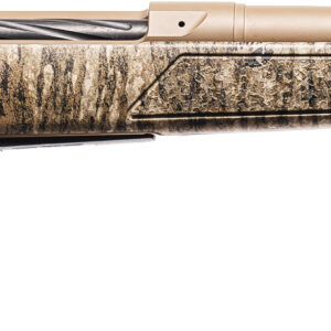 Bolt-action rifle with camouflage stock and bronze barrel
