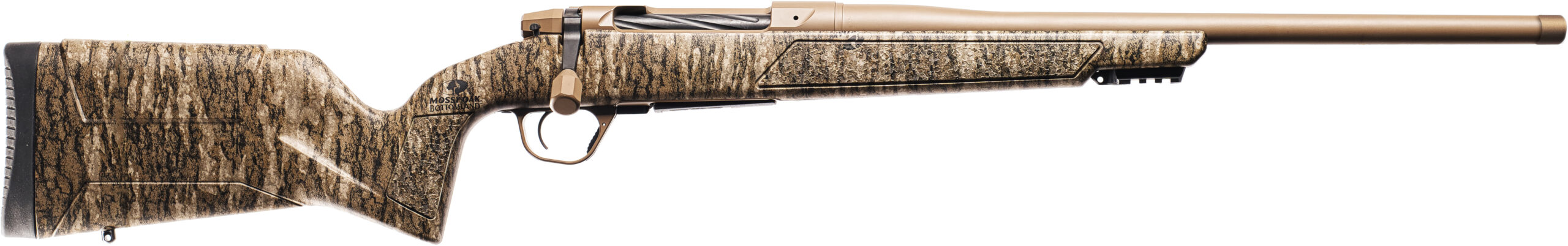 Bolt-action rifle with camouflage stock and bronze barrel