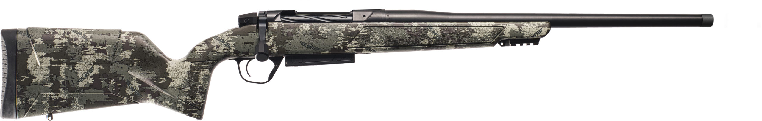 Camouflage bolt-action rifle on white background