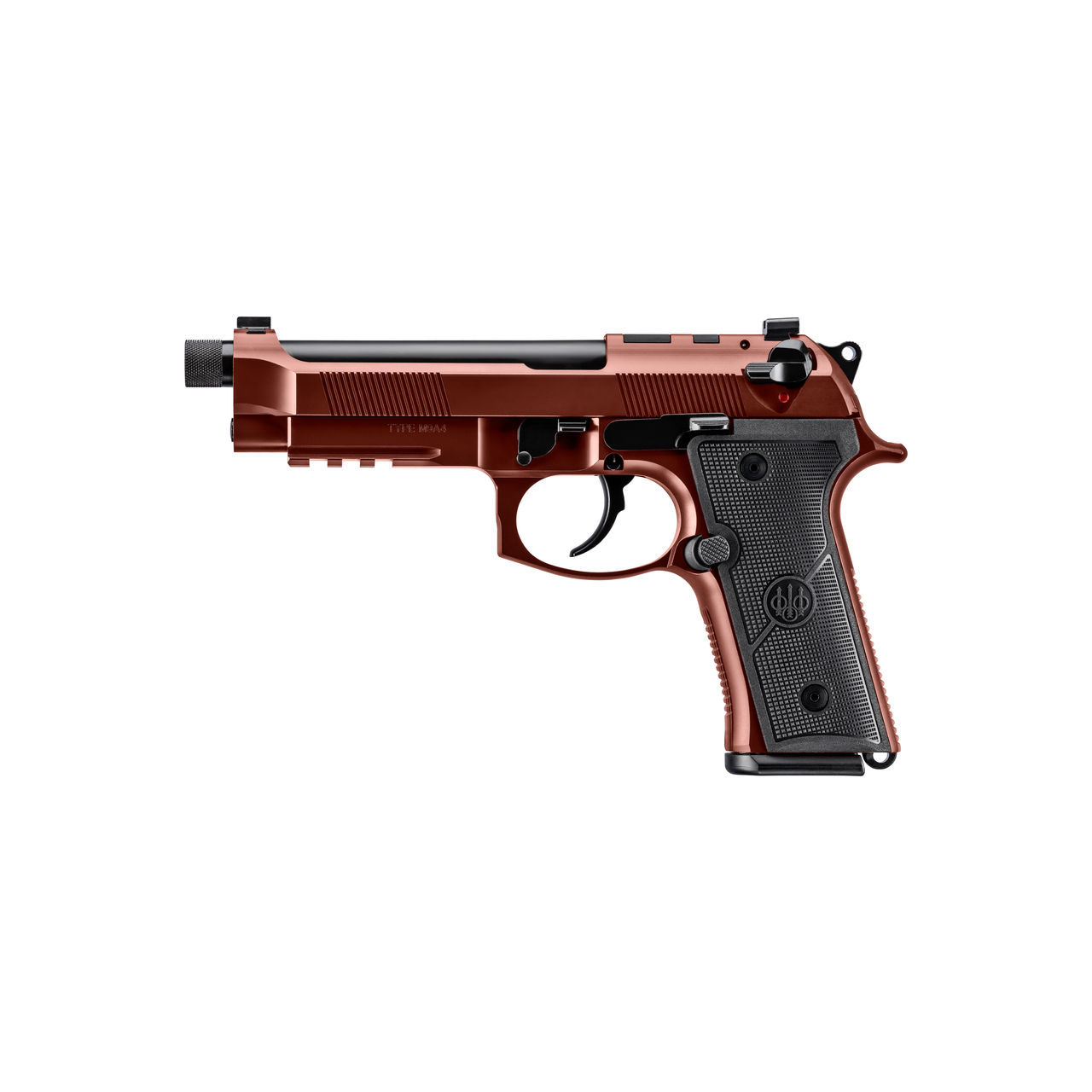 Copper-colored handgun on a white background.