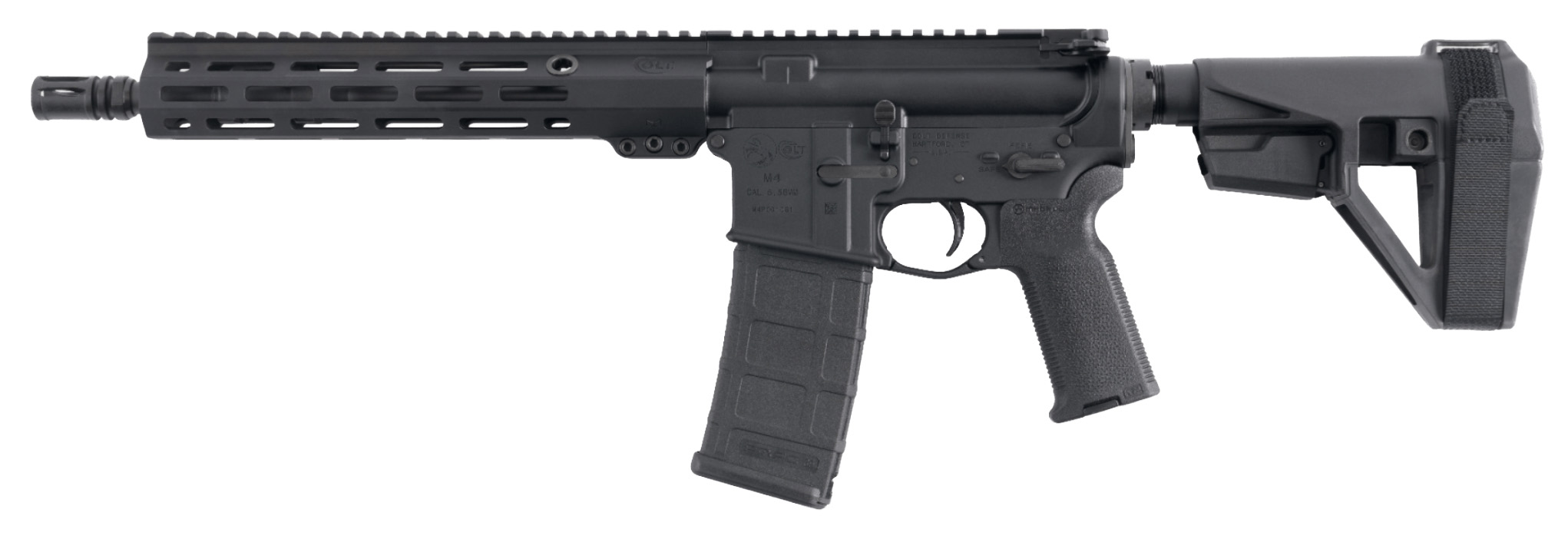 Black AR-15 style pistol with stabilizing brace