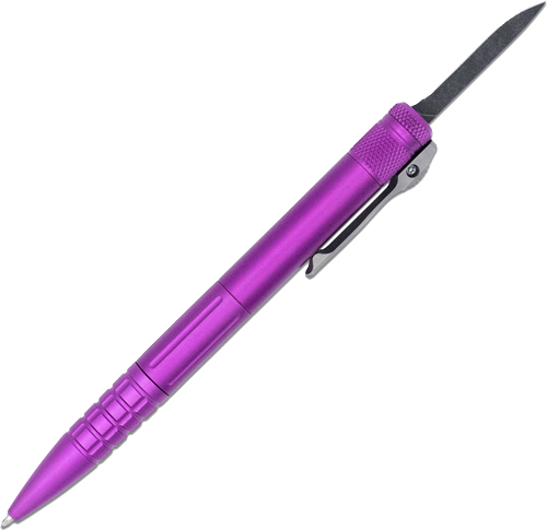 Purple tactical pen with small blade