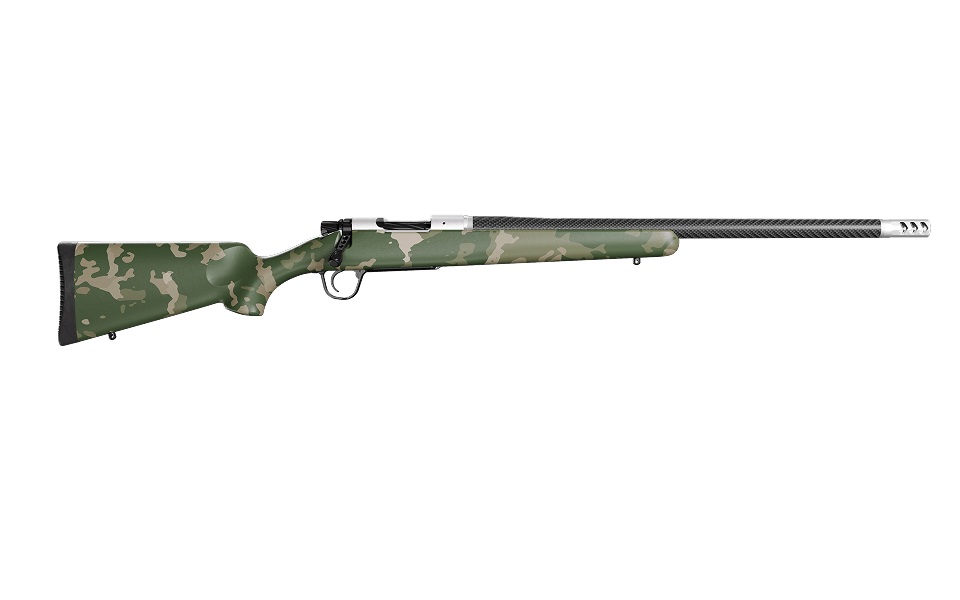 A camouflaged rifle with a long barrel
