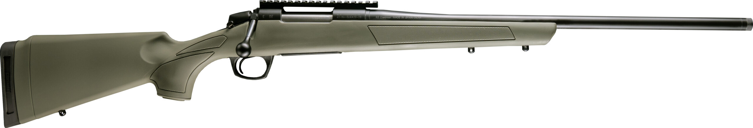 A modern hunting rifle with a green stock.