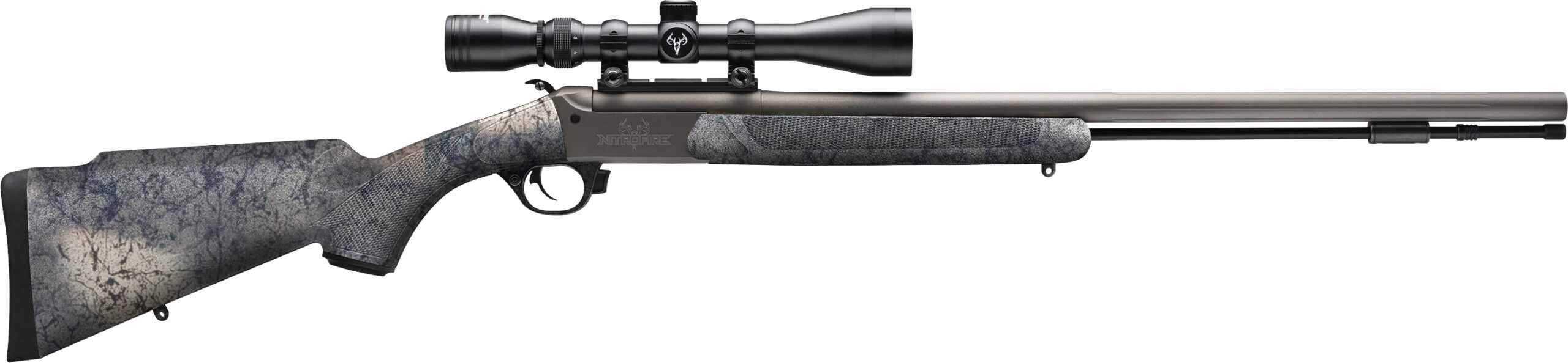 Scoped bolt-action rifle with camouflage stock