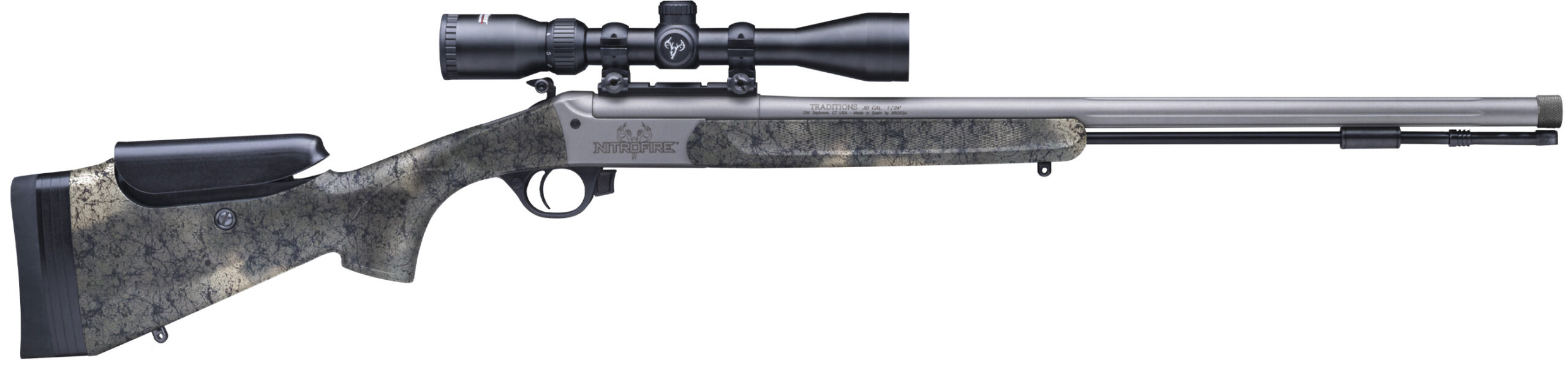 Scoped bolt-action rifle with camouflage stock