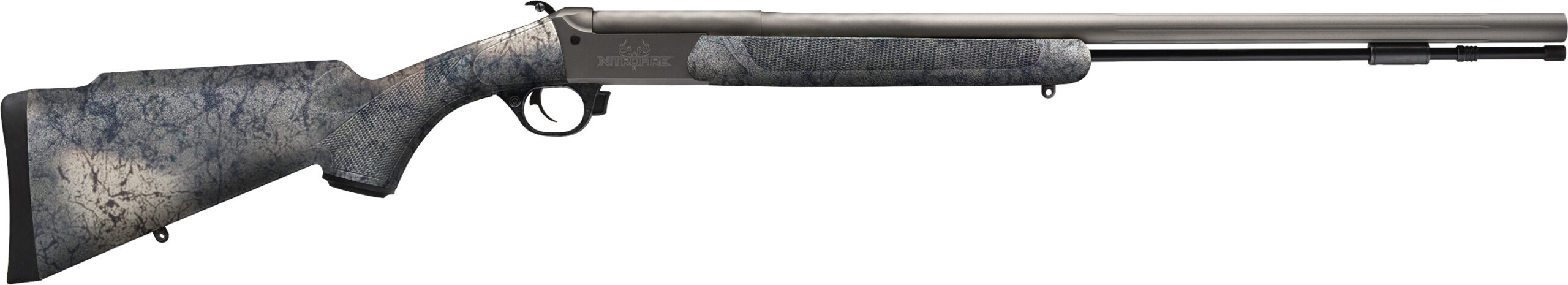 Camouflage-patterned pump-action shotgun on white background