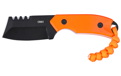 Black fixed-blade knife with orange handle and lanyard