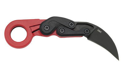 Red and black karambit knife with curved blade