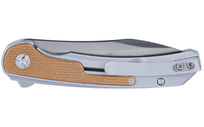 Silver folding pocket knife with textured tan handle