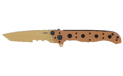 Tan folding knife with textured handle and clip