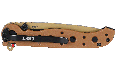 CRKT folding knife with tan handle and clip
