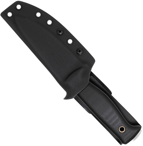 Black fixed-blade knife in sheath